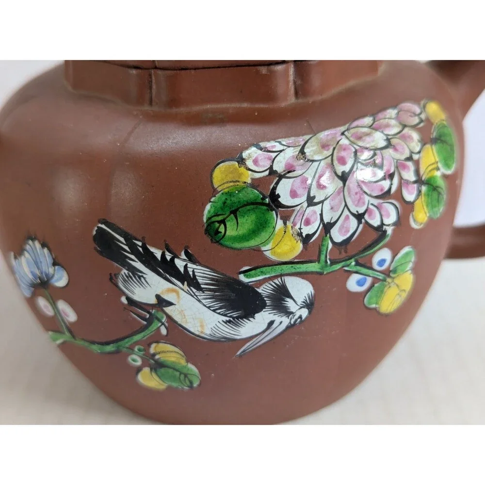 Vtg Yixing Zisha Clay Teapot W/ Enamel Floral & Bird Design 5